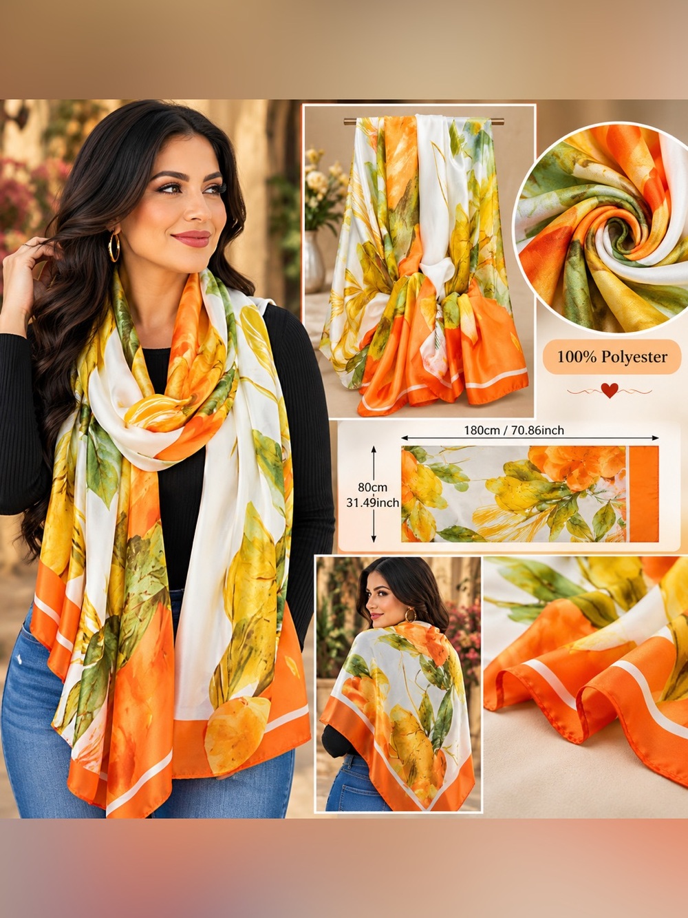 🧡🆕🧡Women's Floral Orange & Green Scarf Wrap Lightweight Polyester Silk Feeling